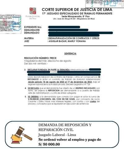 Sentencia de indemnización por despido arbitrario, Juzgado Laboral de Tacna, documento anonimizado
